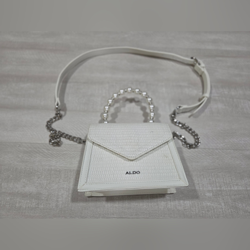ALDO White Textured Mini Crossbody Bag with Pearl Handle